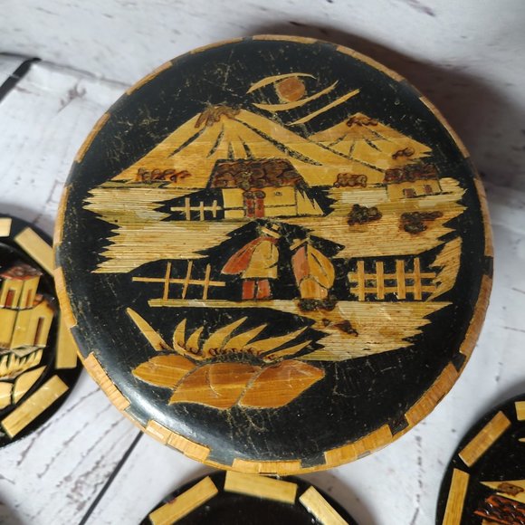 Japan Asian Wood Carved Coasters With Storage Box - Picture 2 of 14